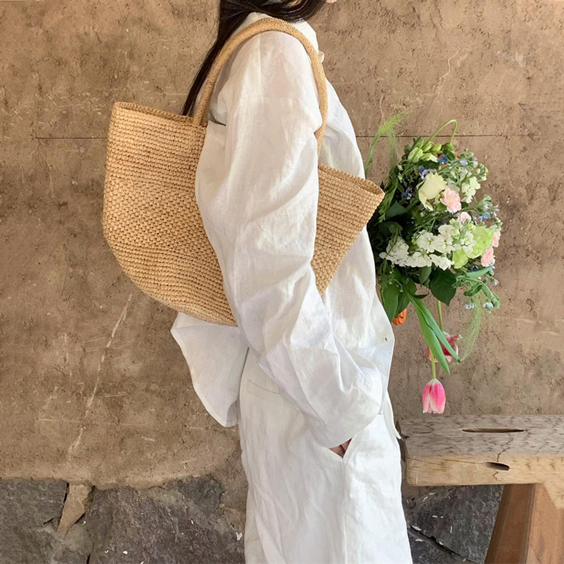 Handwoven Natural Raffia Beach Tote Bag