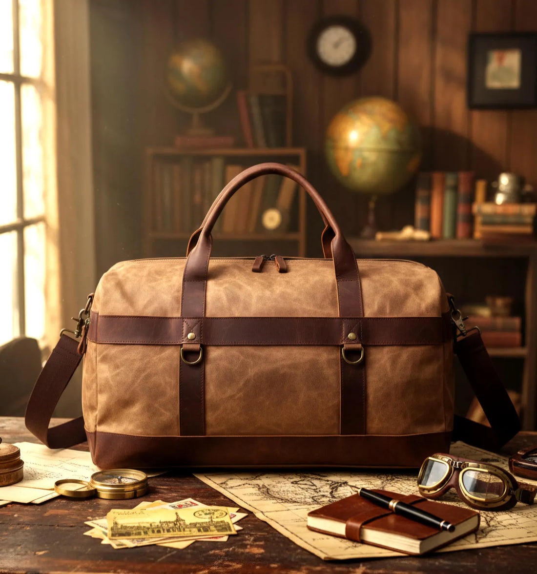 Waxed Canvas Leather Trim Travel Duffle Gym Bag