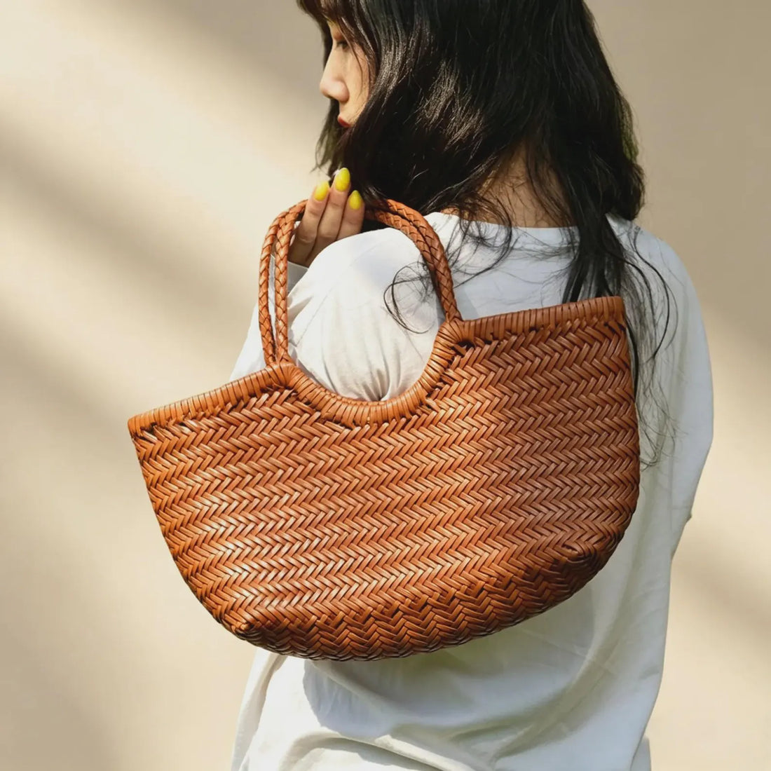 Herringbone Woven Leather Shoulder Tote Bag