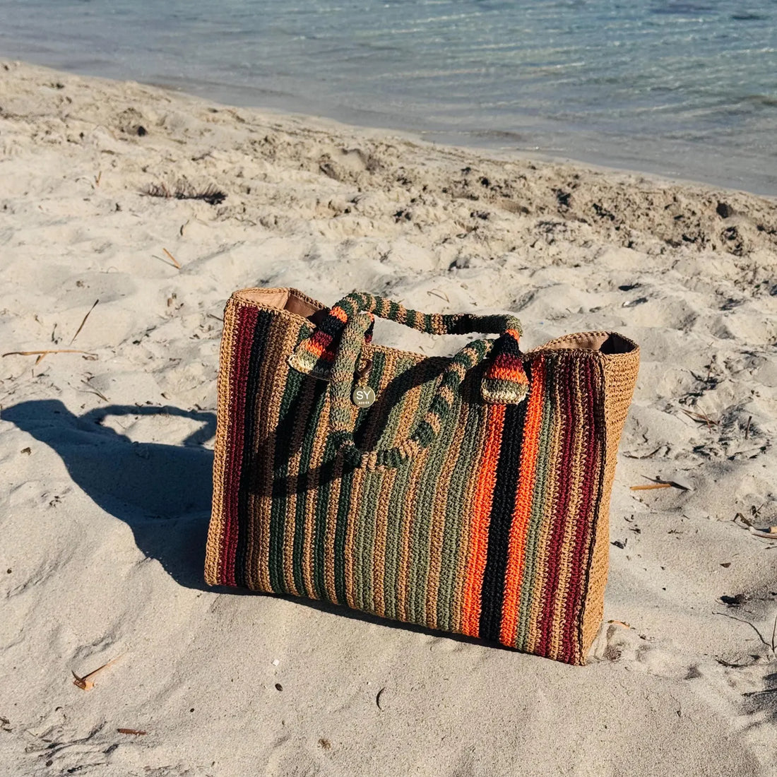 Vintage Striped Hand Crochet Beach Tote Bag